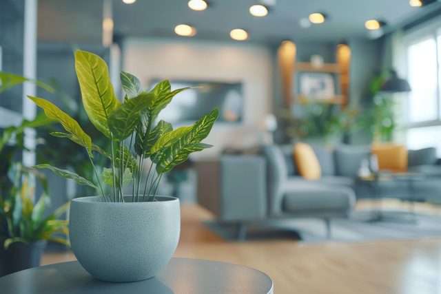 Potted plant on a table in an office.